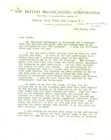Correspondence, Frank Wright, British Broadcasting Corporation to Frank Wright, 1951, March 1951