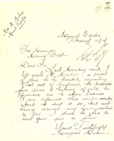 Letter - Correspondence, Margaret Malone, Letter regarding gold assay from Mount Egerton Mine, 10/02/2014