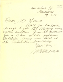 Correspondence, Loan of 'native weapons' from the Ballarat School of Mines Museum, 1914, 16/06/2014