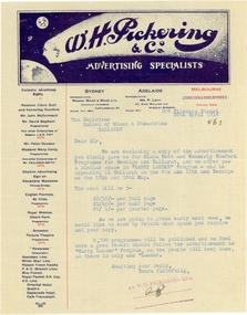 Correspondence, Letter to the Ballarat School of Mines from W.H. Pickering and Co, Advertising Specialist, 1914, 29/04/1914