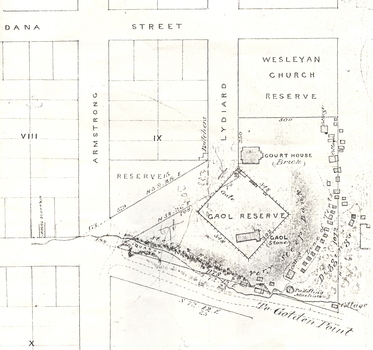 A plan around Lydiard Street Ballarat showing the gaol reserve and the diggings