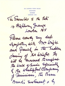 Correspondence, Sympathy note From Jessie Wood concerning the Death of Frank Wright, 1970, 18/11/1970