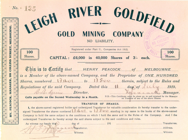 Document, Leigh River Goldfield Gold Mining Company Share Scrip, 1919, 11/07/1911