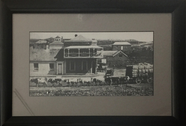 Photograph - Photograph - Black and White, Bullock Team and Wool Laden Wagon in front of Skipton Hotel and Stables, 1860s, 1860s