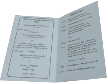 Document, Eureka Sunday Luncheon Placemat and Programme/Menu, 2000, 10/2000