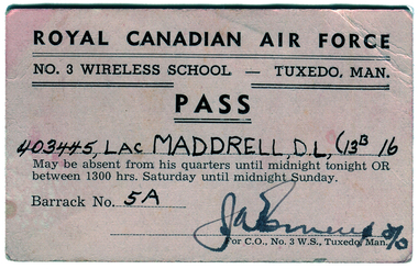 Document, Royal Candian Air Force Pass, c. 1942