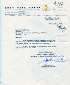 Correspondence, C.I. Cutler, Ansett Travel Service Correspondence letter to the School of Mines & Industries, Ballarat, 1949, 07/12/1949