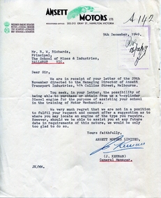 Correspondence, J. Keenan, Ansett Transport Industries. Correspondence letter to the School of Mines & Industries, Ballarat, 1949, 09/12/1949