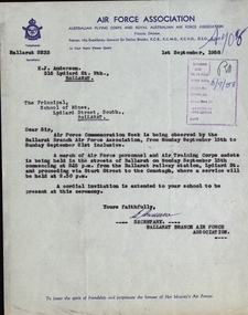 Correspondence, Letter from the Air Force Association to the Ballarat School of Mines, 1958, 01/09/1958
