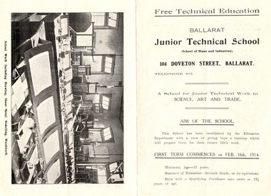 Four page printed document outlining the Ballarat Junior Technical School, 1914, Free Technical Education - Ballarat Junior Technical School, 1914