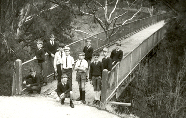 Black and white photograph, Ballarat Junior Technical School students at Hepburn Mineral Reserve - c1970s, c1970s