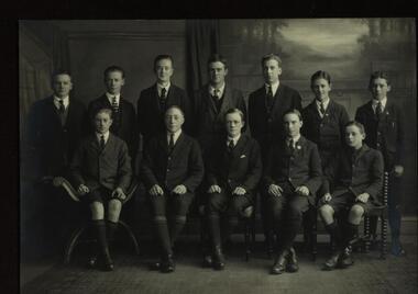 Black and white studio photograph, Richards & Co, Ballarat Junior Technical School Scholarship Winners and Prefects, 1923