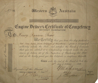 Certificate - Certicate, Engine Driver's Certificate of Competency (Without Examination) for Henry Rankin Shaw, 1908, 29/10/1908