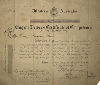 Certificate - Certicate, Engine Driver's Certificate of Competency (Without Examination) for Henry Rankin Shaw, 1908, 29/10/1908