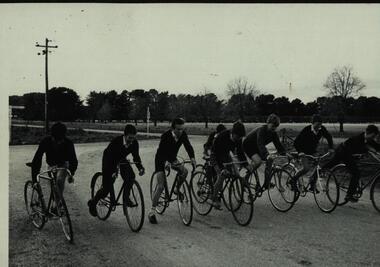 Black and white photograph, Bike Ride - Ballarat Technical School students - 1950s