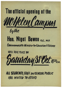 Poster, Poster announcing the official opening of the Mount Helen Campus, 1970, 1967