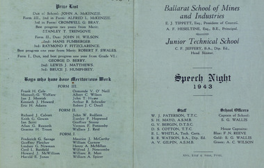 Document - Two printed programmes, Ballarat Junior Technical School Speech Night Programme - 1943 and 1944, 1 in 1943;  .2 in 1944
