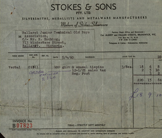 Invoices and receipt, Stokes & Sons of Brunswick to Ballarat Junior Technical School, 1960