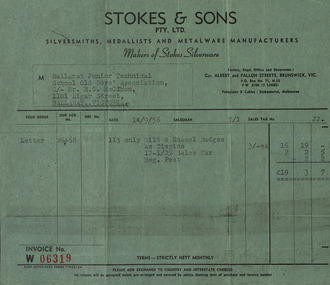 Quote and Invoice from Stokes & Sons, Brunswick, Quote and Invoice from Stokes & Sons of Brunswick to Ballarat Junior Technical School, 1956