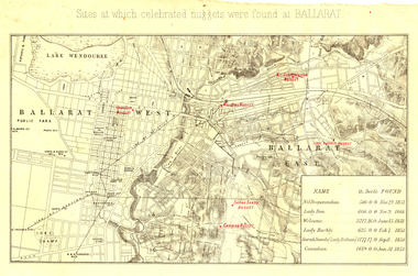 Map, Sites at which celebrated nuggets were found at Ballarat