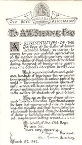 Photograph - Black and white printed card, Ballarat Old Boys' Association presentation to Albert W.Steane, 1942, 1942