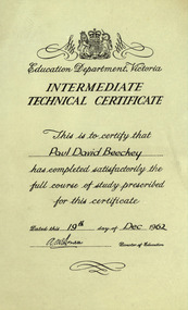 Certificate, Education Department Victoria - Intermediate Technical Certificate, 1962, 19/12/1962