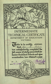 Certificate, Department of Education Victoria - Intermediate Technical Certificate, 1927, 09/05/1927