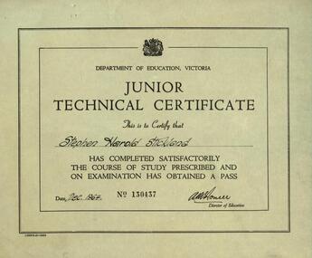 Certificate, Department of Education, Victoria - Junior Technical Certificate, December 1964
