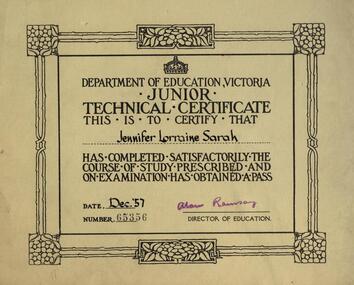Certificate, Department of Education, Victoria - Junior Technical Certificate,  1957, December 1957