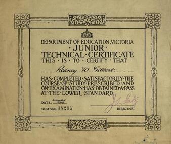 Certificate, Department of Education, Junior Technical Certificate - 1948, December 1948