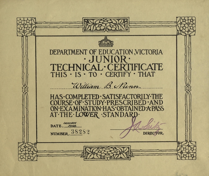 Certificate Department of Education Junior Technical Certificate