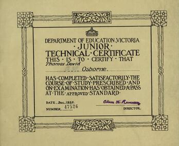 Certificate, Department of Education, Junior Technical Certificate - 1952, December 1952