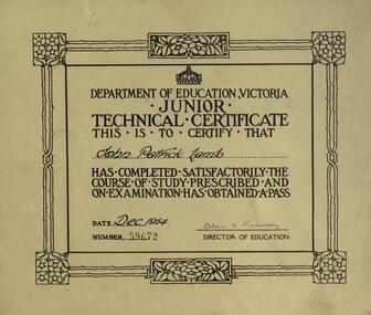 Certificate, Department of Education, Junior Technical Certificate - 1954, December 1954