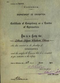 Certificate, Department of Education, Certificate of Competency as a Teacher of Gymnastics - 1906