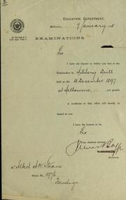 Certificate, Education Department, Examinations: Military Drill,  1898, 18/12/1897