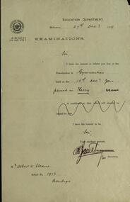 Hand written correspondence, Education Department, Victoria - Examination result for Gymnastics, 1899, 1899