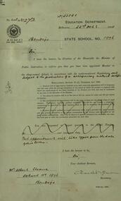 Correspondence - Education Department, Victoria, Bendigo State School No 1976 - notice of appointment for A W Steane, 1895, 22/10/1895