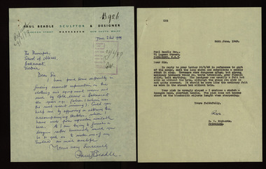 Correspondence, Sculptor Paul Beadle to the Ballarat School of Mines, 1949