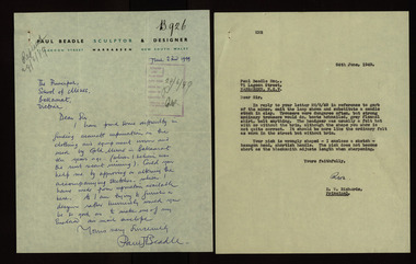Correspondence, Sculptor Paul Beadle to the Ballarat School of Mines, 1949, 1949