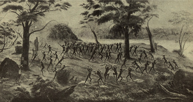 Image - black and white, A Blackfellow's "Battle" - (From a Painting by the late Mrs Albert Le Souef)