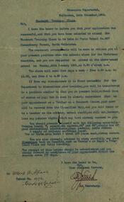 Document - correspondence, Steane: Woodwork Training Class - acceptance to attend, 1900, 14/11/1900