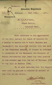 Correspondence, Education Department: Memorandum to A A W Steane, 1907, 31/07/1907