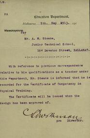 Correspondence, Education Department: Memorandum to A  W Steane, 1913, 09/07/1913