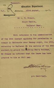 Correspondence, Education Department: Memorandum to A  W Steane, 1907, 23/08/1907
