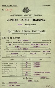Certificate, Australian Military Forces: Junior Cadet Training, Third Military District, 31/05/1916