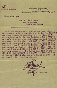 Correspondence, Education Department Memorandum: A W Steane, 1903, 22/09/1903