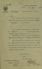 Correspondence, Education Department: A W Steane,  Appointment to Bendigo State School, 1900, 04/04/1900