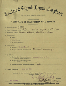 Certificate, Teachers & Schools Registration Board: Certificate of Registration of a Teacher, 1906, 11/06/1907