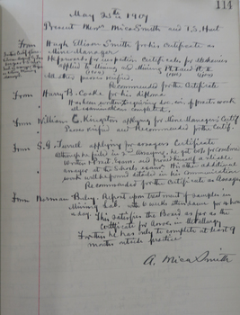 Handwritten page in Ballarat School of Mines Examiners Minute Book