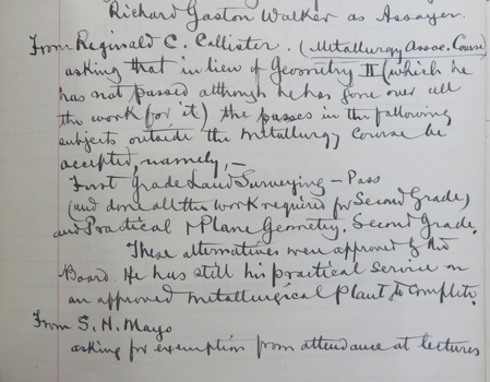 Handwritten page in Ballarat School of Mines Examiners Minute Book